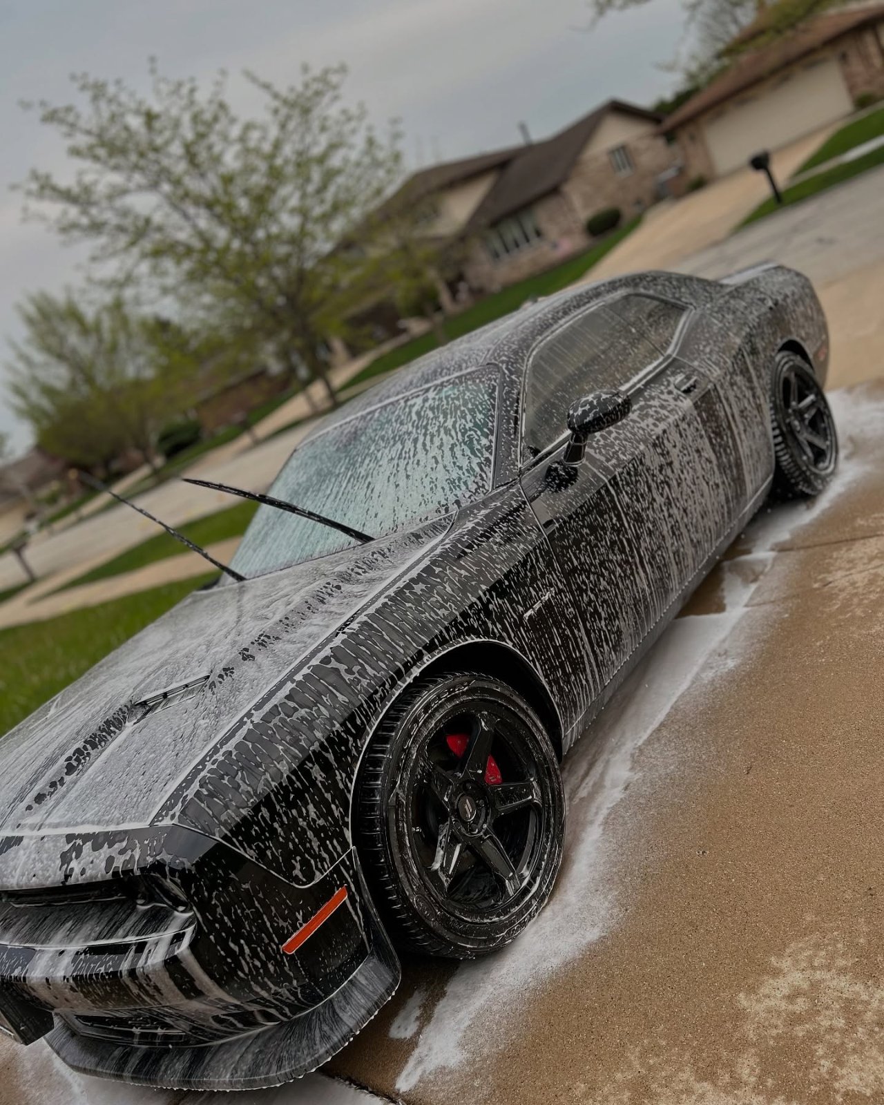 Black Challenger covered in snow-foam during a full wash and reset